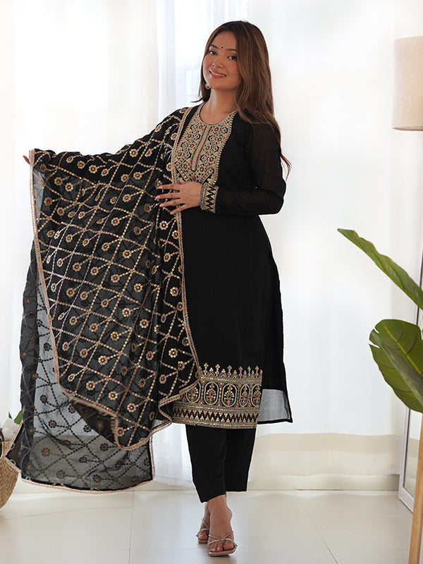 Black Silk Embroidered Straight Kurti With Pant & Dupatta Set