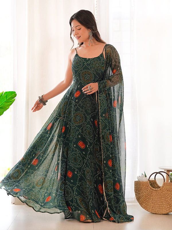 Bandhej Green Chiffon Printed Gown With Pant & Dupatta Set