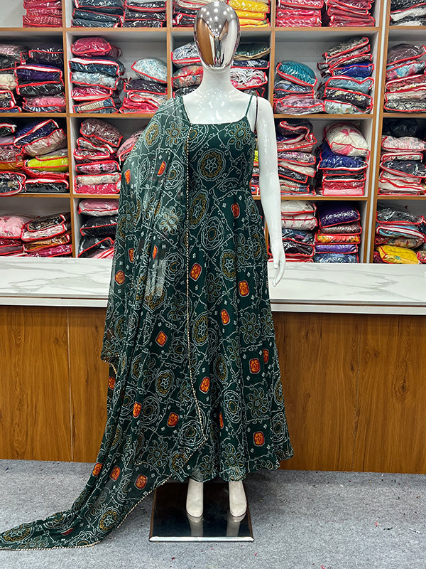 Bandhej Green Chiffon Printed Gown With Pant & Dupatta Set