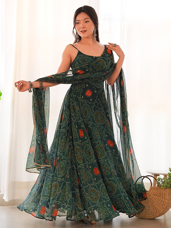 Bandhej Green Chiffon Printed Gown With Pant & Dupatta Set