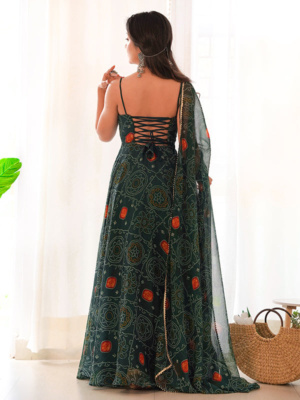 Bandhej Green Chiffon Printed Gown With Pant & Dupatta Set