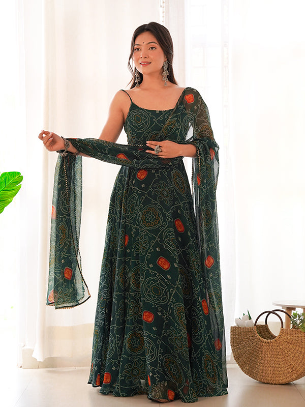 Bandhej Green Chiffon Printed Gown With Pant & Dupatta Set