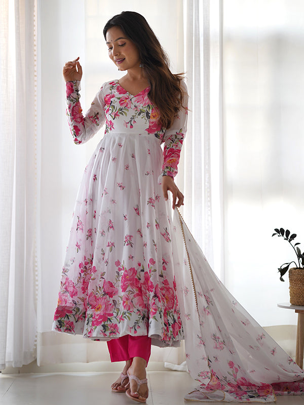 White Pink Flower Organza Printed Anarkali Kurti With Pant & Dupatta Set