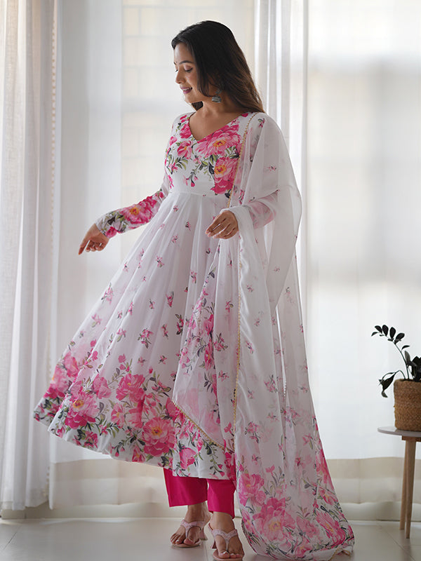 White Pink Flower Organza Printed Anarkali Kurti With Pant & Dupatta Set