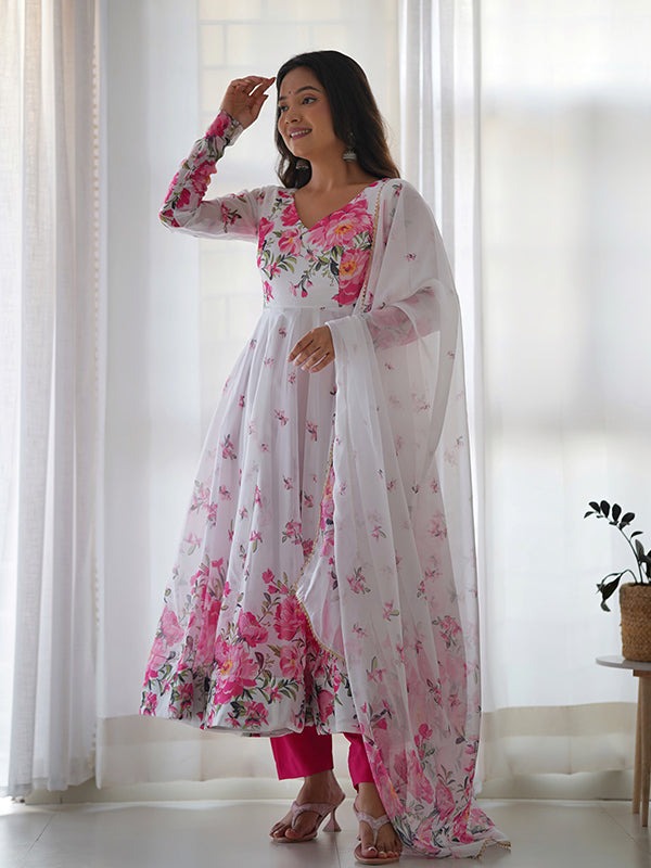 White Pink Flower Organza Printed Anarkali Kurti With Pant & Dupatta Set