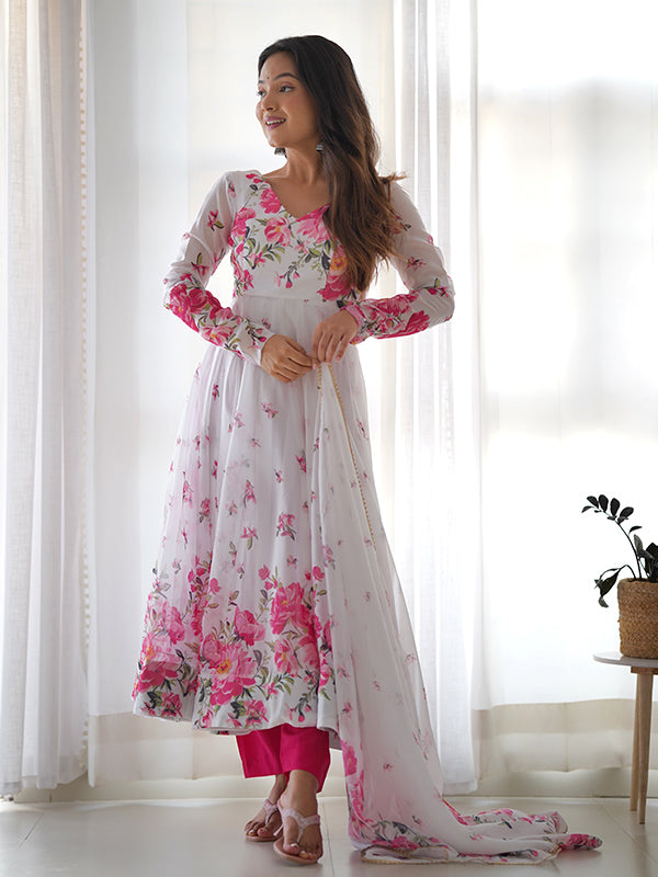 White Pink Flower Organza Printed Anarkali Kurti With Pant & Dupatta Set