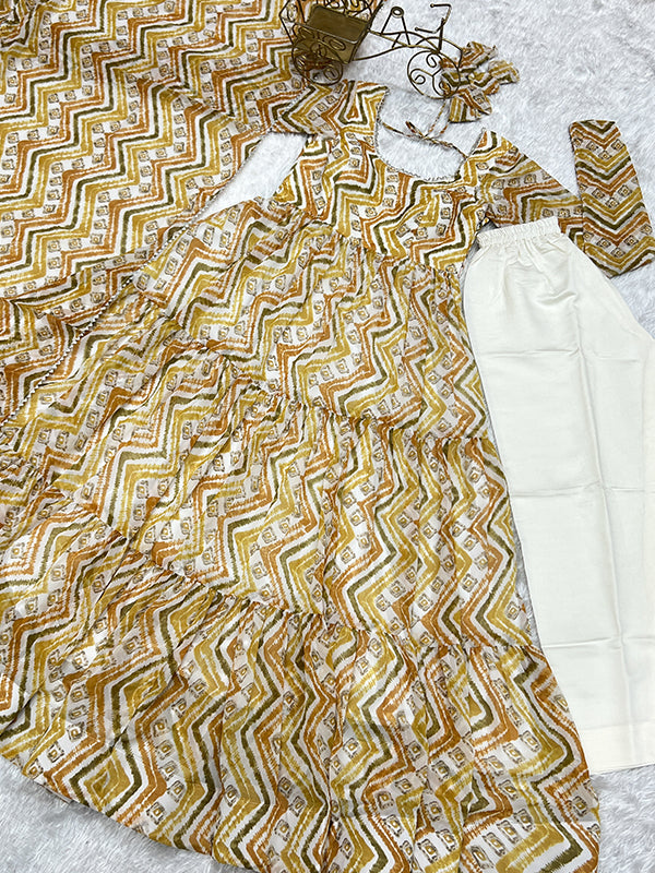 Yellow Zigzag Print Georgette Anarkali Kurti With Pant Dupatta Set