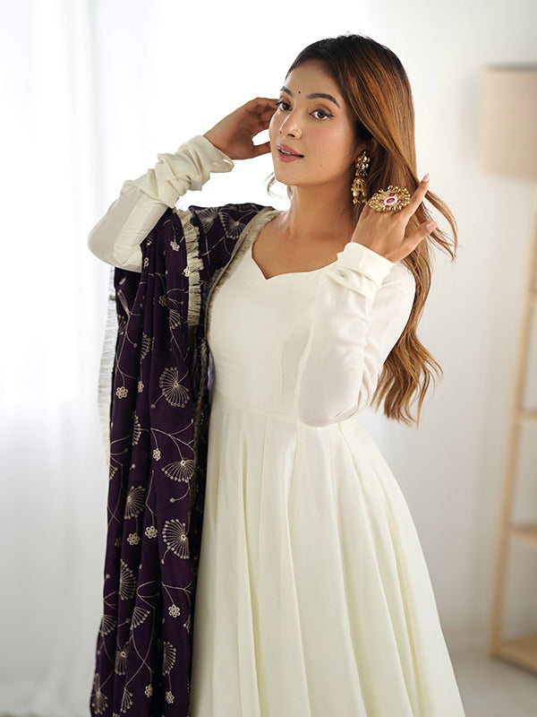 Purple Dupatta Vichitra Silk Off White Anarkali Gown With Pant Set