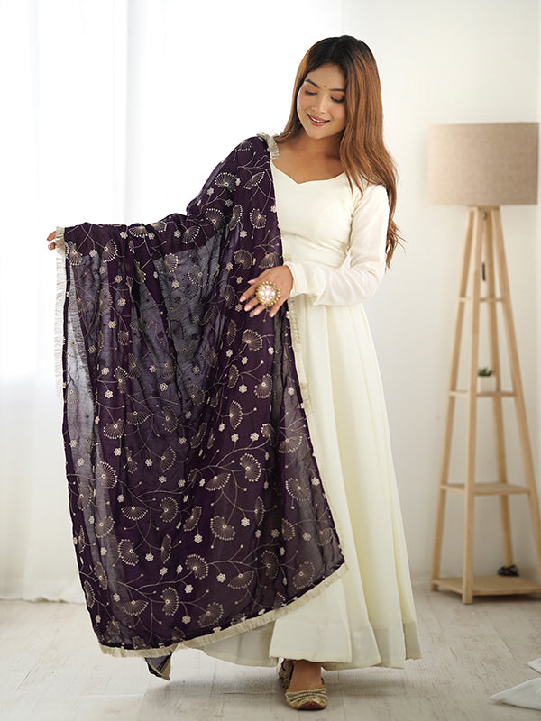 Purple Dupatta Vichitra Silk Off White Anarkali Gown With Pant Set