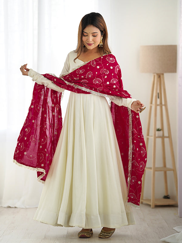 Rani Pink Dupatta Vichitra Silk Off White Anarkali Gown With Pant Set