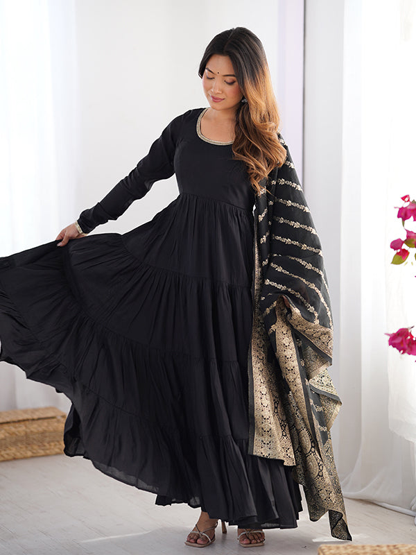 Black Layered Plain Anarkali Gown With Pant & Dupatta Set NiharikaFab Black Layered Plain Anarkali Gown With Pant & Dupatta Set NiharikaFab