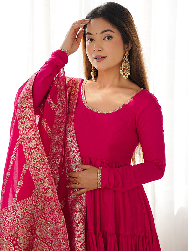 Pink Layered Plain Anarkali Gown With Pant & Dupatta Set