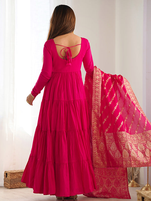 Pink Layered Plain Anarkali Gown With Pant & Dupatta Set