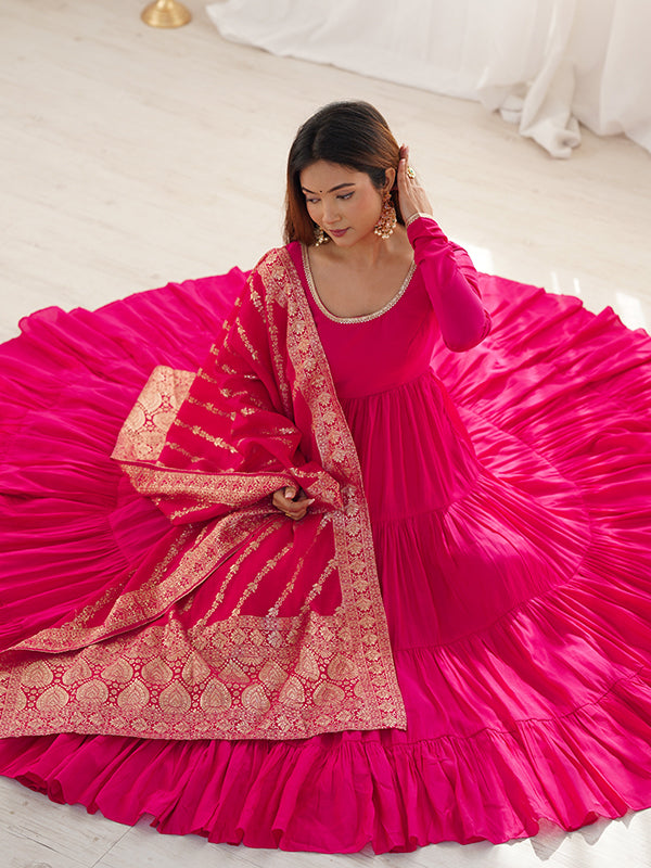 Pink Layered Plain Anarkali Gown With Pant & Dupatta Set