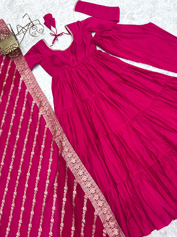 Pink Layered Plain Anarkali Gown With Pant & Dupatta Set