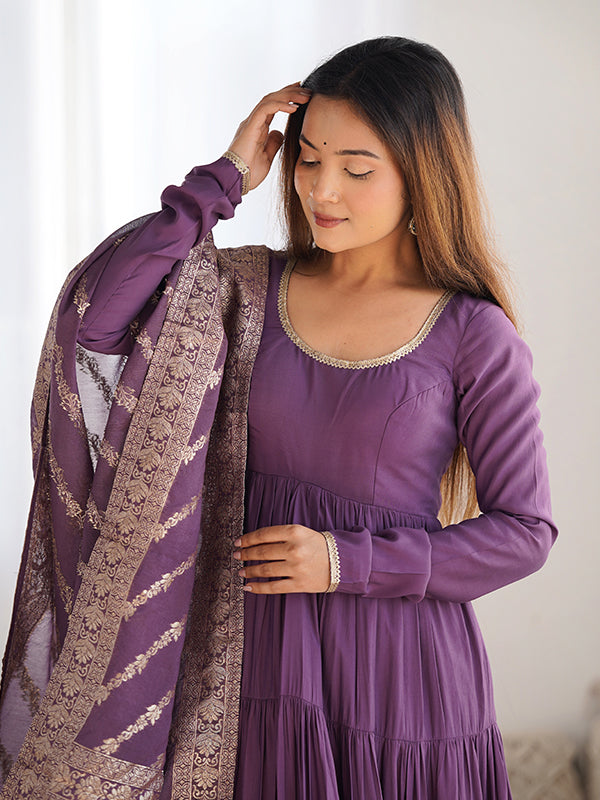 Purple Layered Plain Anarkali Gown With Pant & Dupatta Set