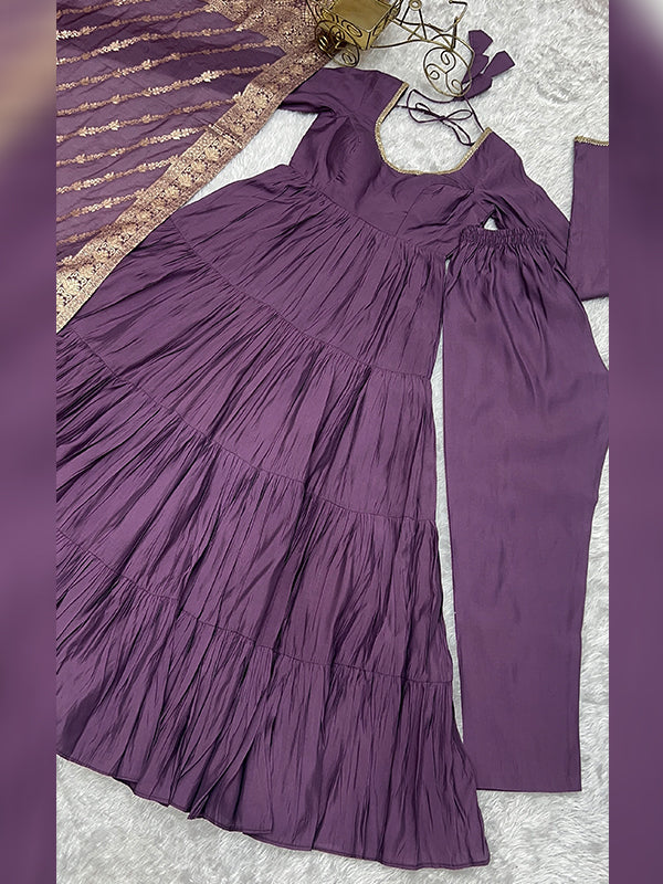 Purple Layered Plain Anarkali Gown With Pant & Dupatta Set