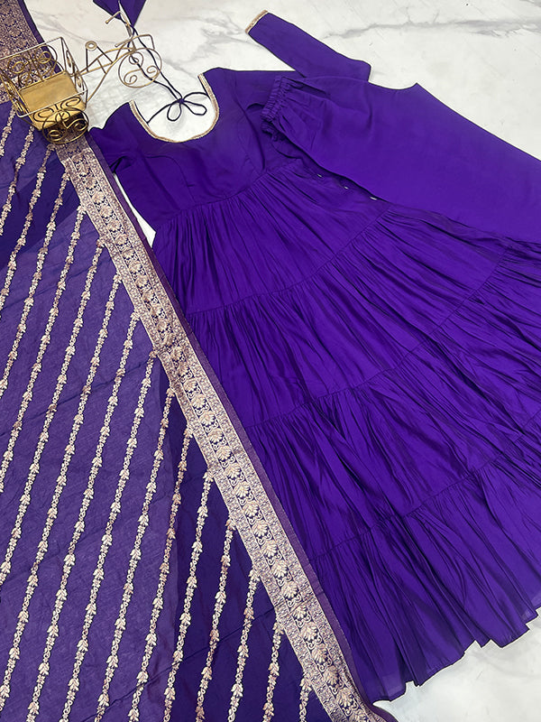 Purple Layered Plain Anarkali Gown With Pant & Dupatta Set