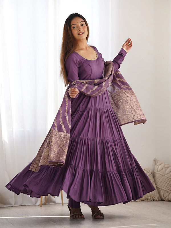 Purple Layered Plain Anarkali Gown With Pant & Dupatta Set