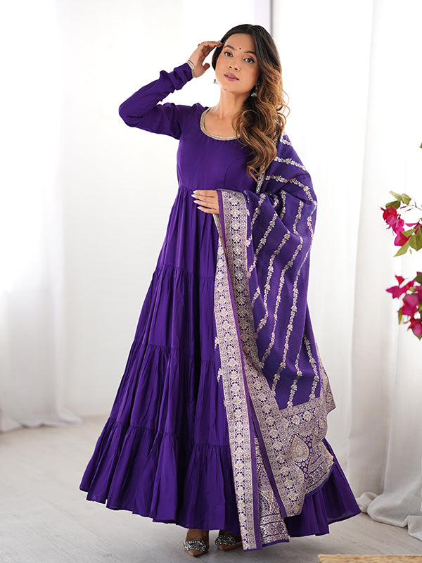 Purple Layered Plain Anarkali Gown With Pant & Dupatta Set