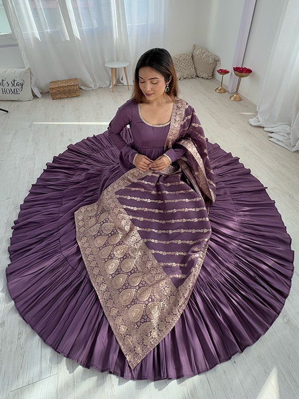 Purple Layered Plain Anarkali Gown With Pant & Dupatta Set