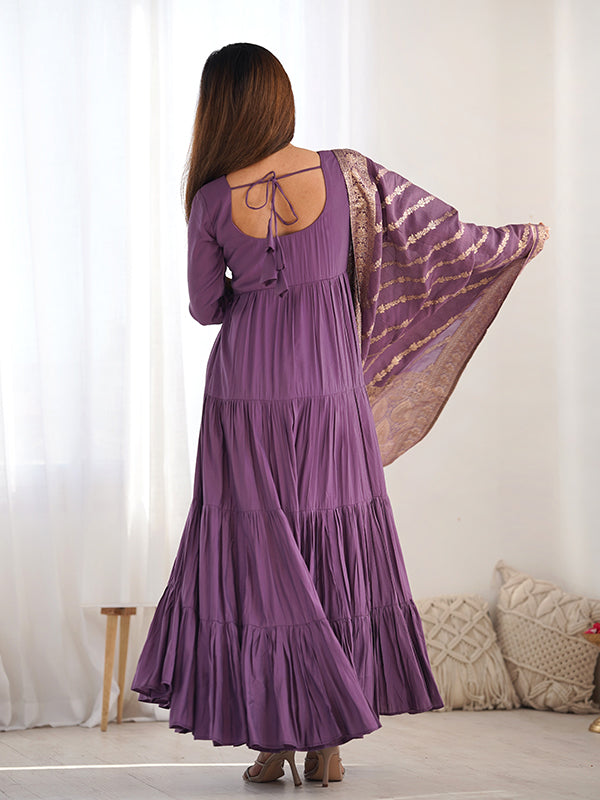 Purple Layered Plain Anarkali Gown With Pant & Dupatta Set