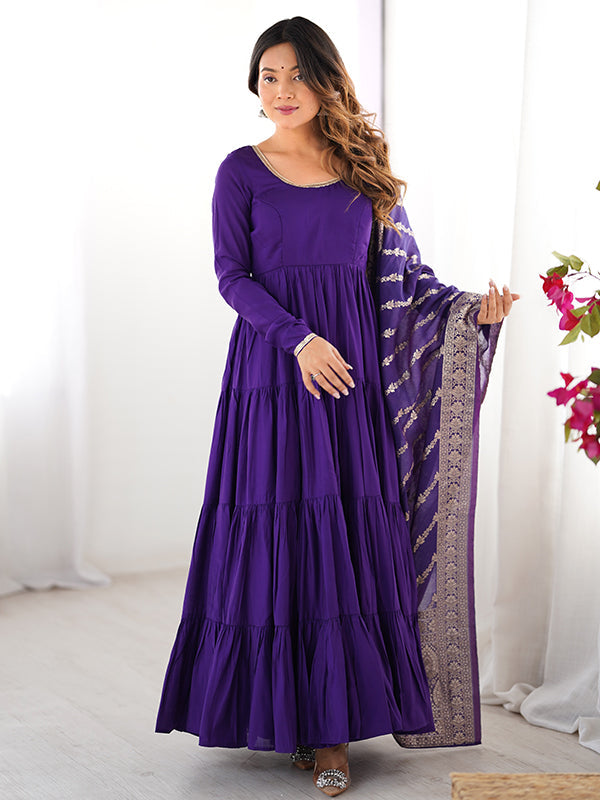 Purple Layered Plain Anarkali Gown With Pant & Dupatta Set