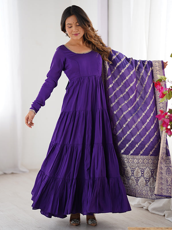 Purple Layered Plain Anarkali Gown With Pant & Dupatta Set