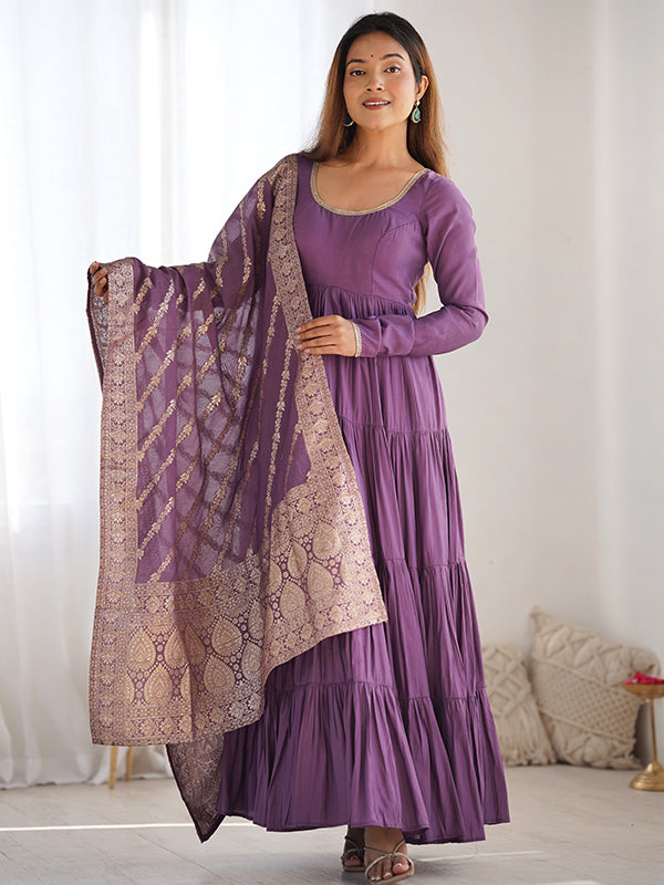 Purple Layered Plain Anarkali Gown With Pant & Dupatta Set