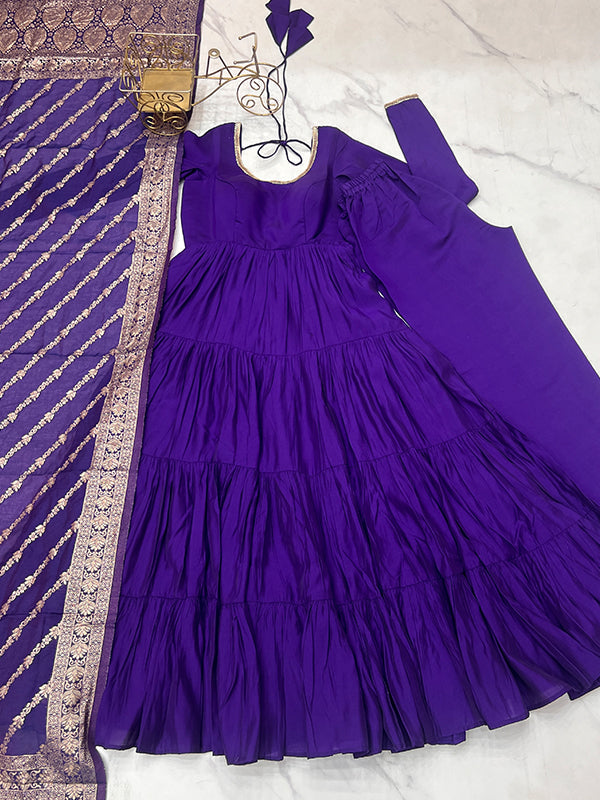 Purple Layered Plain Anarkali Gown With Pant & Dupatta Set