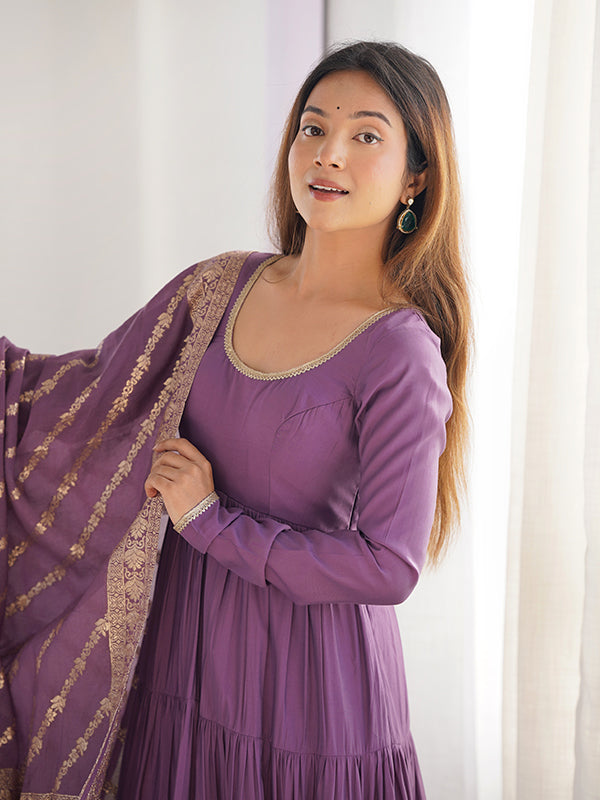 Purple Layered Plain Anarkali Gown With Pant & Dupatta Set