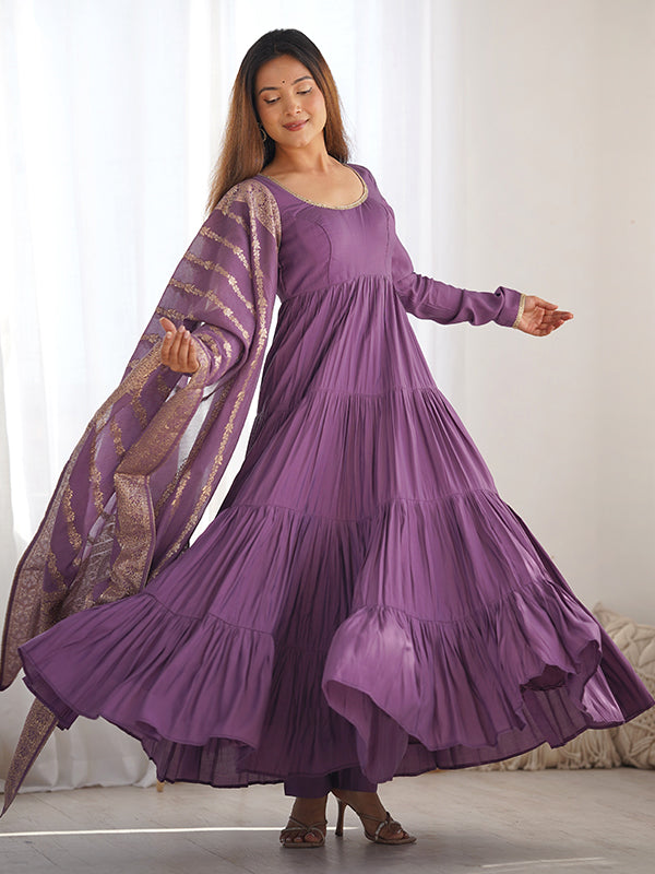 Purple Layered Plain Anarkali Gown With Pant & Dupatta Set