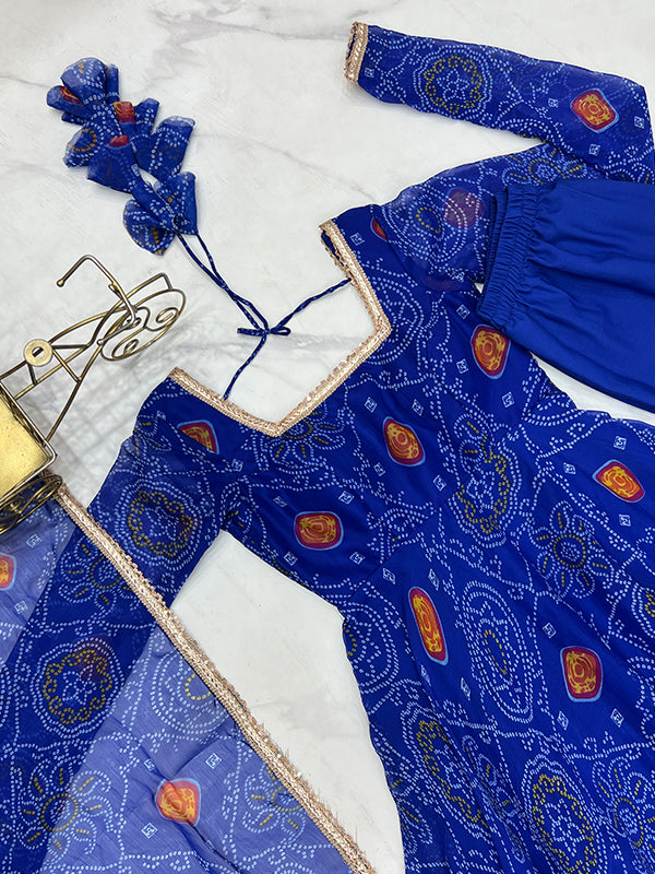 Blue Bandhej Printed Anarkali Gown With Pant & Dupatta Set