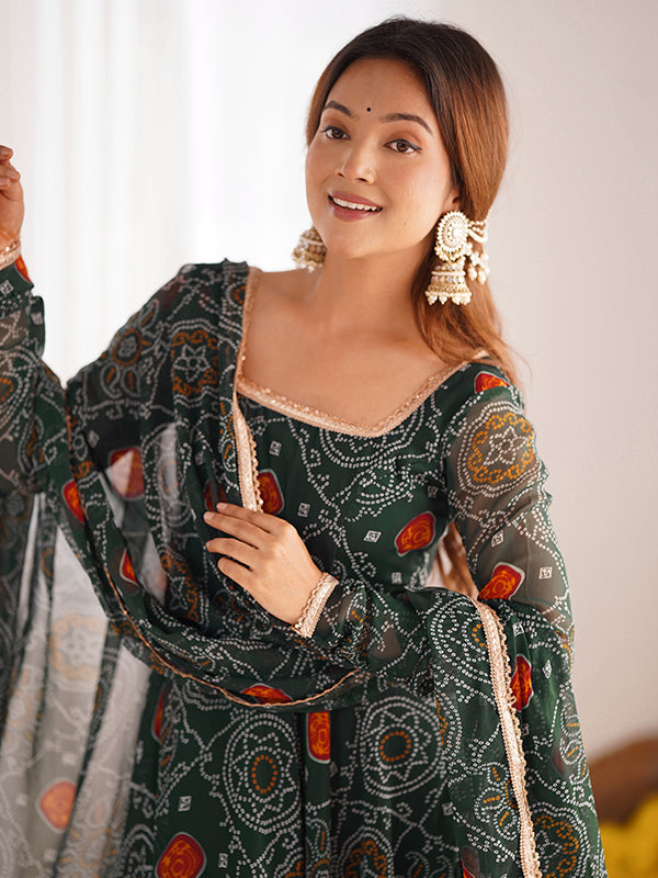 Green Bandhej Printed Anarkali Gown With Pant & Dupatta Set