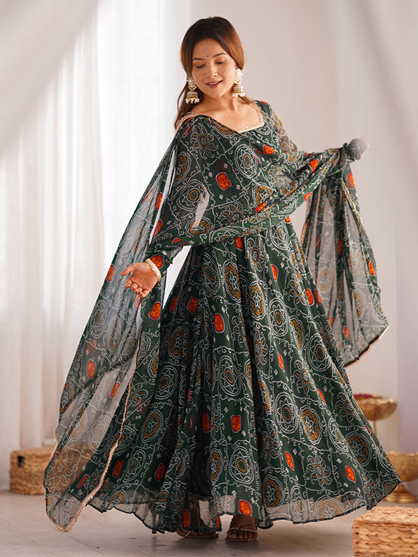 Green Bandhej Printed Anarkali Gown With Pant & Dupatta Set