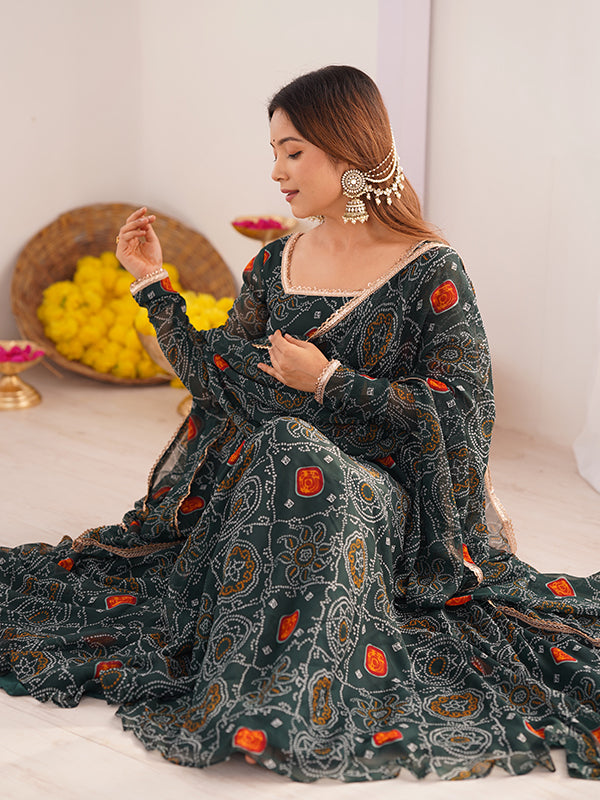Green Bandhej Printed Anarkali Gown With Pant & Dupatta Set