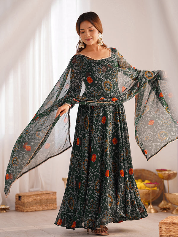 Green Bandhej Printed Anarkali Gown With Pant & Dupatta Set