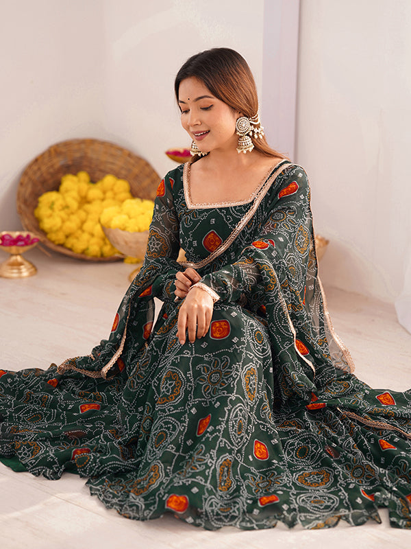Green Bandhej Printed Anarkali Gown With Pant & Dupatta Set