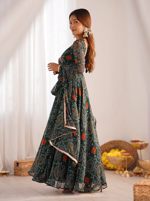 Green Bandhej Printed Anarkali Gown With Pant & Dupatta Set