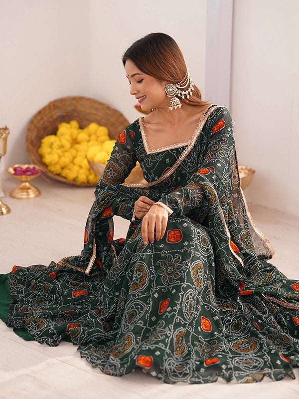 Green Bandhej Printed Anarkali Gown With Pant & Dupatta Set