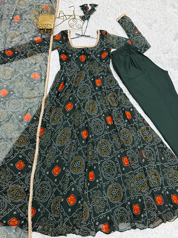 Green Bandhej Printed Anarkali Gown With Pant & Dupatta Set