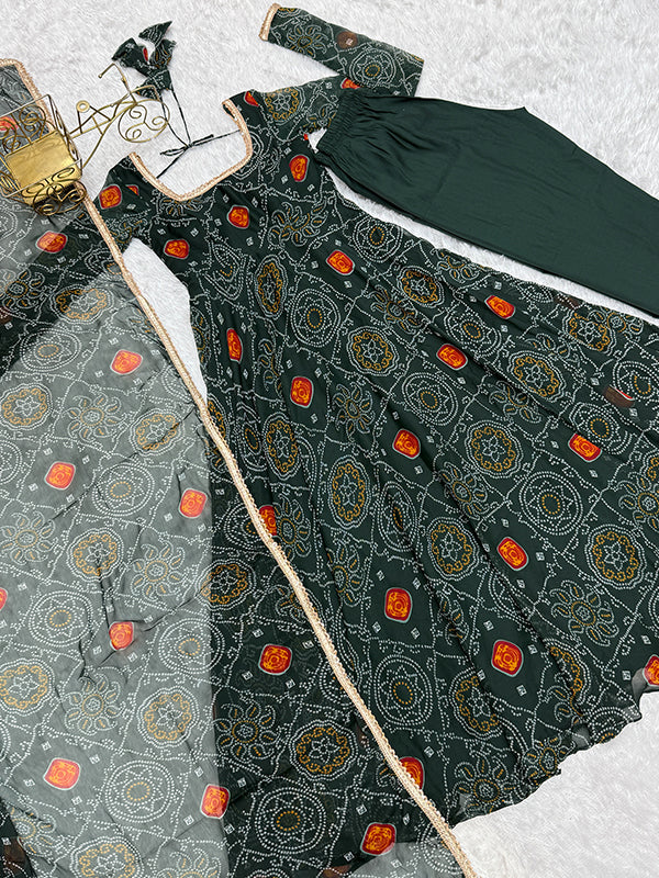 Green Bandhej Printed Anarkali Gown With Pant & Dupatta Set