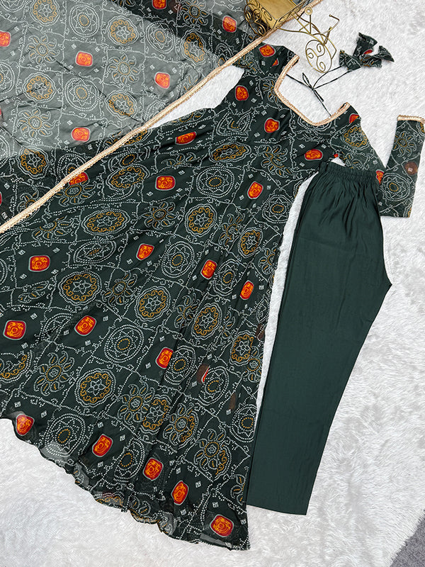 Green Bandhej Printed Anarkali Gown With Pant & Dupatta Set