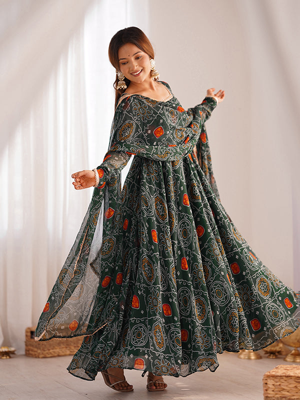 Green Bandhej Printed Anarkali Gown With Pant & Dupatta Set