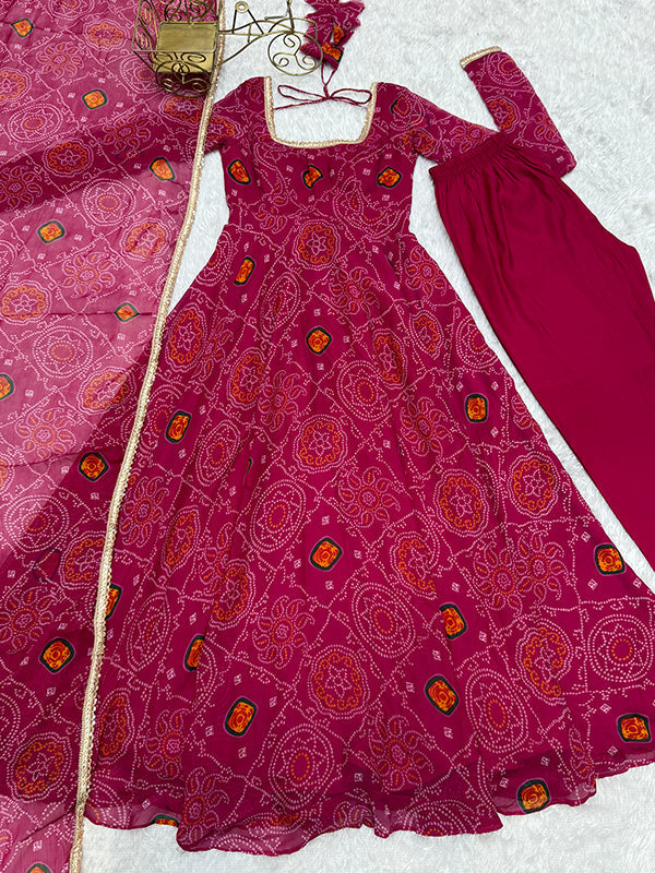 Rani Bandhej Printed Anarkali Gown With Pant & Dupatta Set