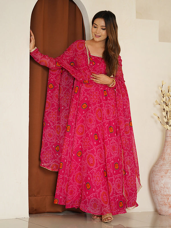 Rani Bandhej Printed Anarkali Gown With Pant & Dupatta Set