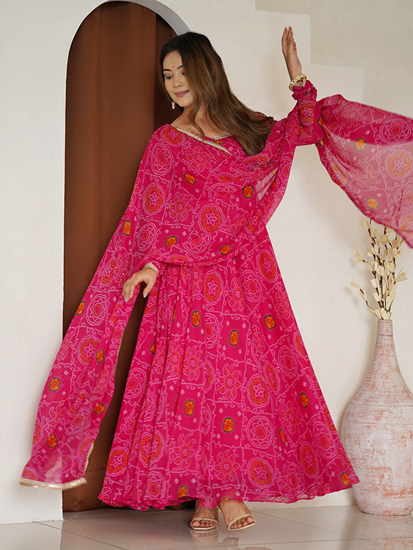 Rani Bandhej Printed Anarkali Gown With Pant & Dupatta Set