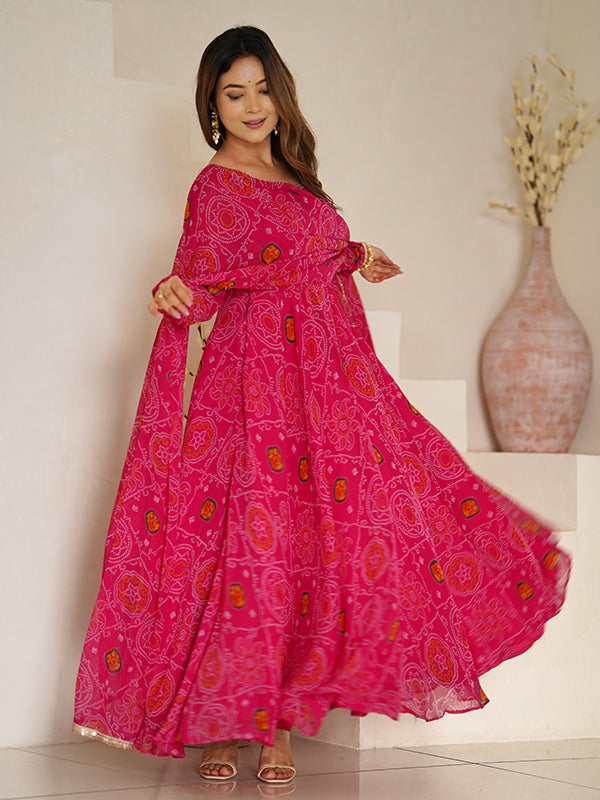 Rani Bandhej Printed Anarkali Gown With Pant & Dupatta Set