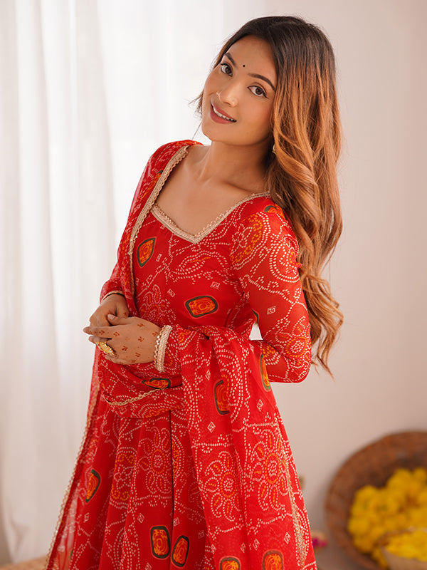 Red Bandhej Printed Anarkali Gown With Pant & Dupatta Set