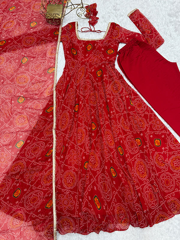 Red Bandhej Printed Anarkali Gown With Pant & Dupatta Set